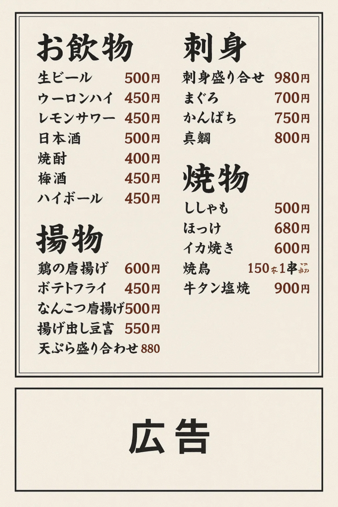 スキマ広告・飲食店メニュー